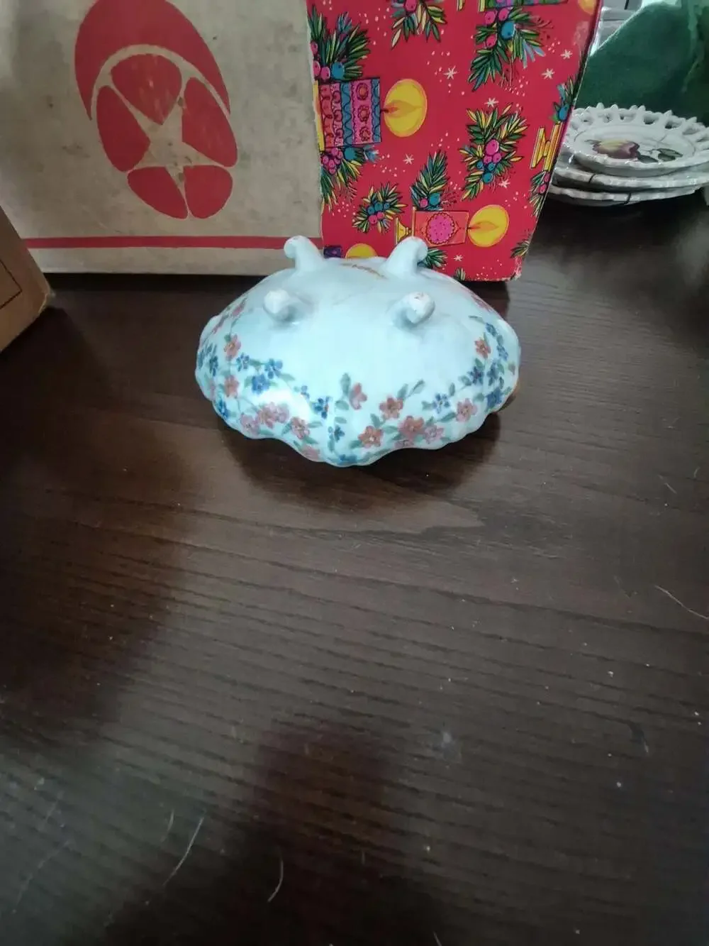 Vintage Hand Painted Floral Footed Trinket Dish Gold Trim